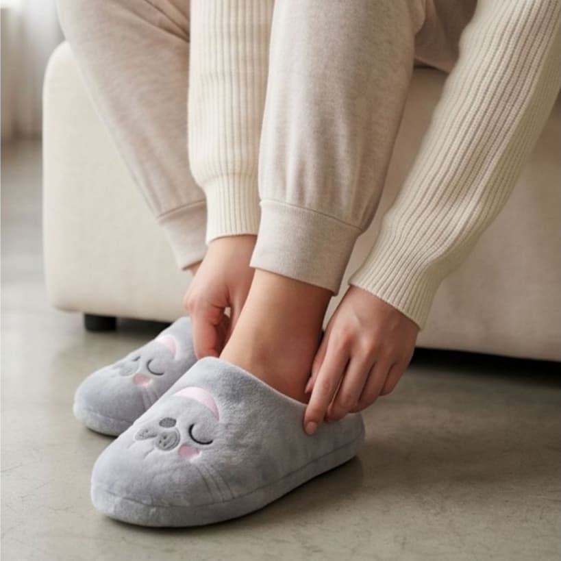 Pantufa Feminina Foca Peluciada Forrada em Lã Macia Solado Borracha Antiderrapante Quentinha