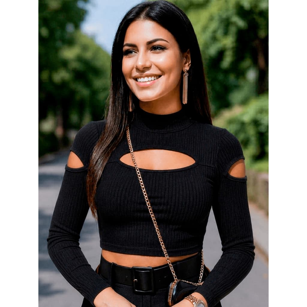 Blusa Canelada Feminina Justa Manga Longa Ribana Premium Recortes Fashion Gringa Moda Casual Elegante Tendência TikTok