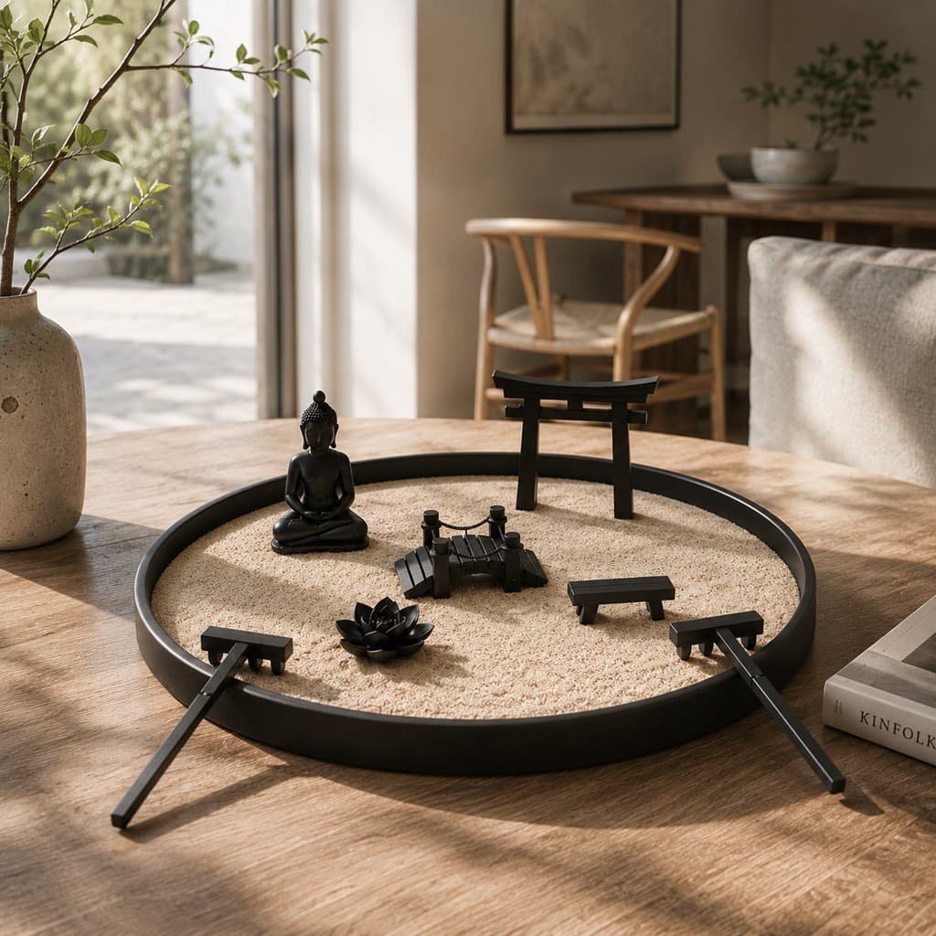 Jardim Zen Redondo Gigante Completo Japonês I Jardim com Areia Buda Ponte Torii banco rastelos Decoração Zen Feng Shui