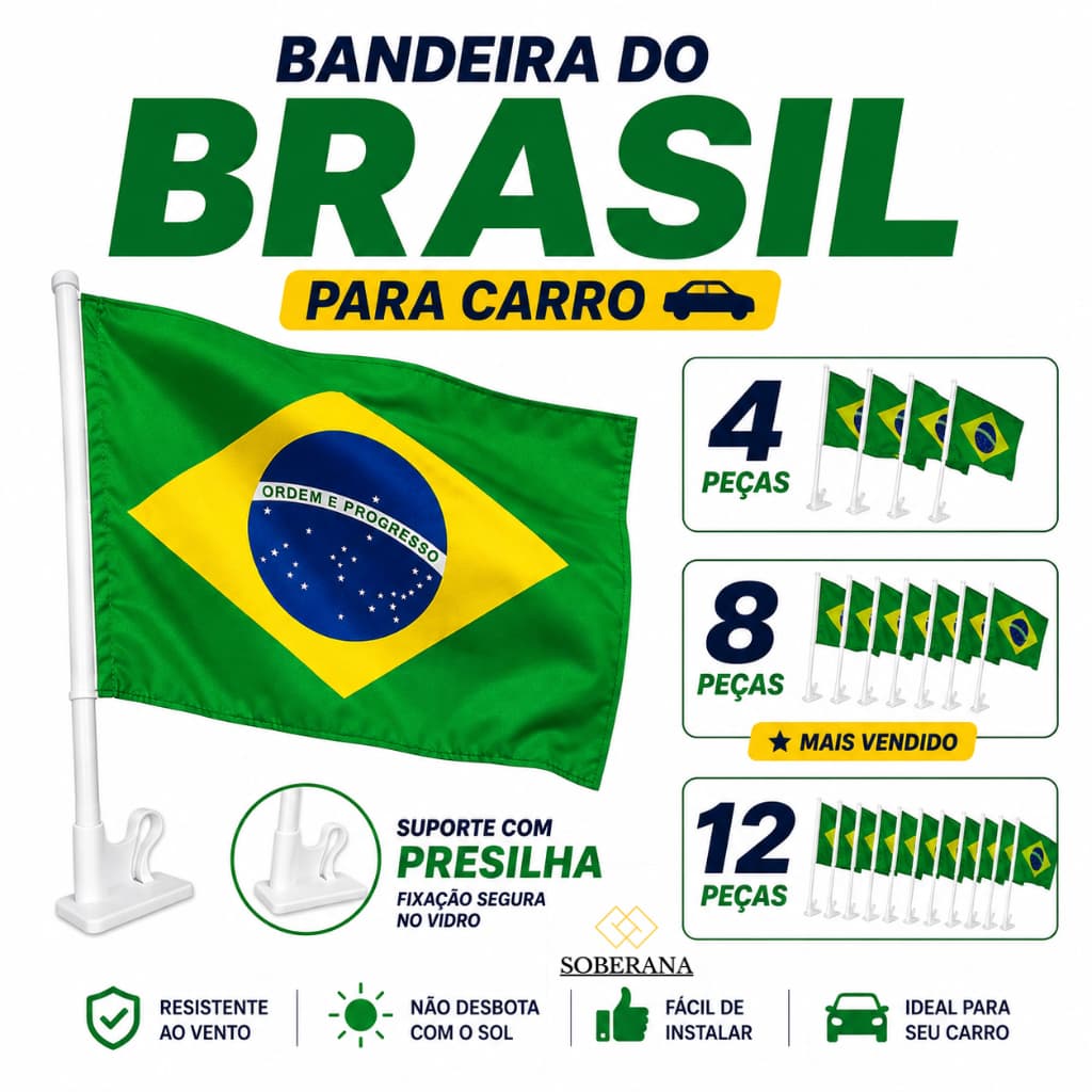 Kit Bandeirinhas do Brasil para Carro com Haste 41x30cm Copa do Mundo Decoração Bandeira de Mão