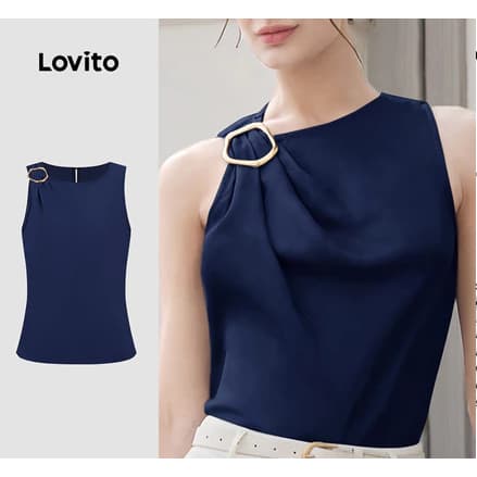 Blusa Elegante Assimétrica com Fivela de Metal para Mulheres - Primavera/verão Azul Marinho