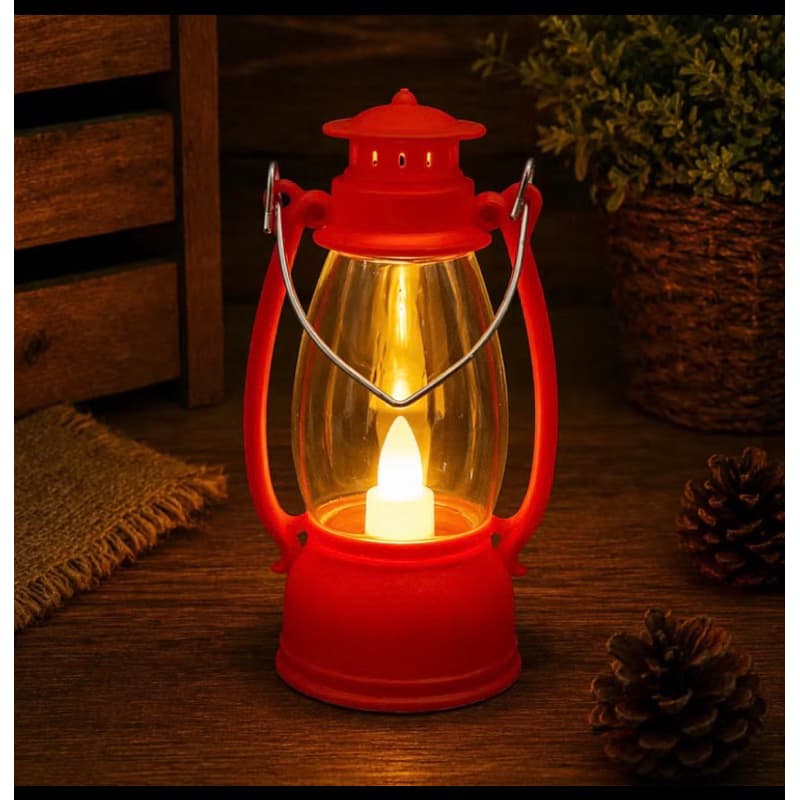 Mini Luminária Vela Eletonica Lampião Vermelha Led Decoração Rustica Retro Vintage
