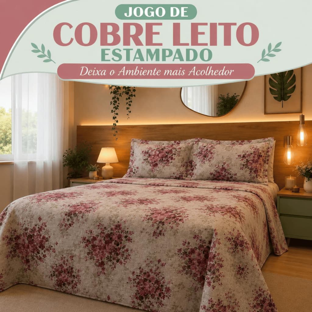 Jogo Colcha Casal Algodão Kit Cobre Leito Estampado Floral Microfibra Macio + 2 Fronhas
