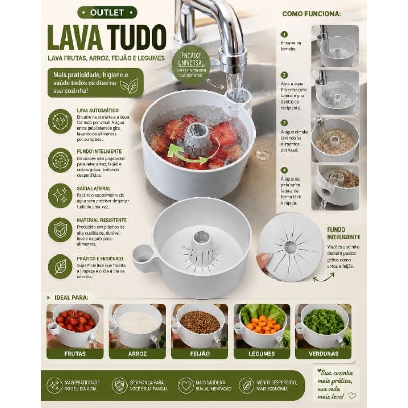 Lava Tudo Giratório para Torneira – Lava Frutas, Arroz, Feijão e Legumes