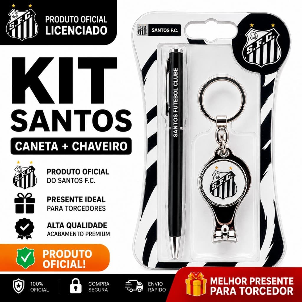 Kit Caneta e Chaveiro Cortador Metal Oficial Santos – Presente Perfeito para Torcedor Santista