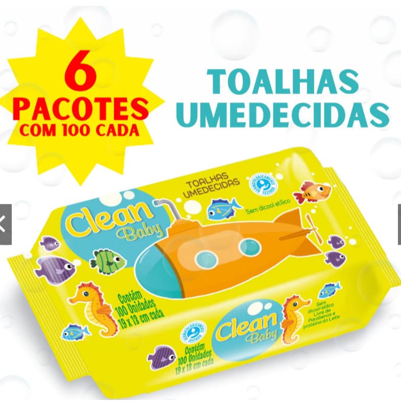 Kit 6 Pacotes Toalhas umedecidas Clean Baby com 100 cada