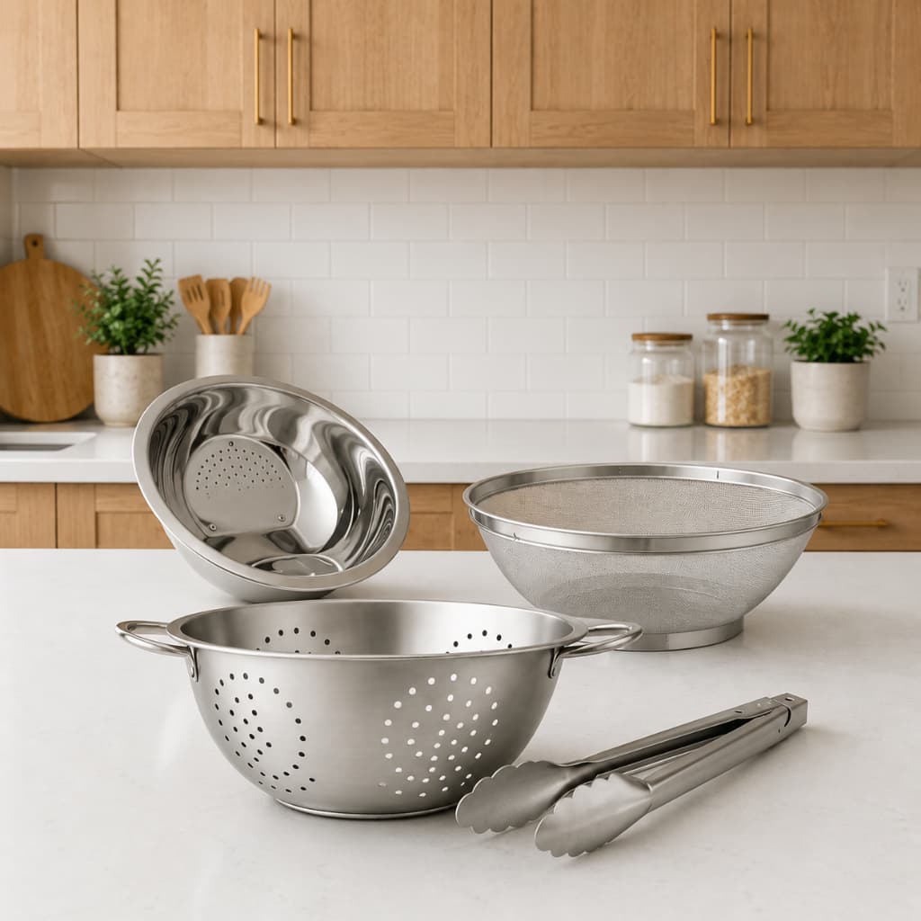 Kit 4 peças Escorredor De Arroz + Escorredor De Macarrão + Escorredor telado + Pegador Inox