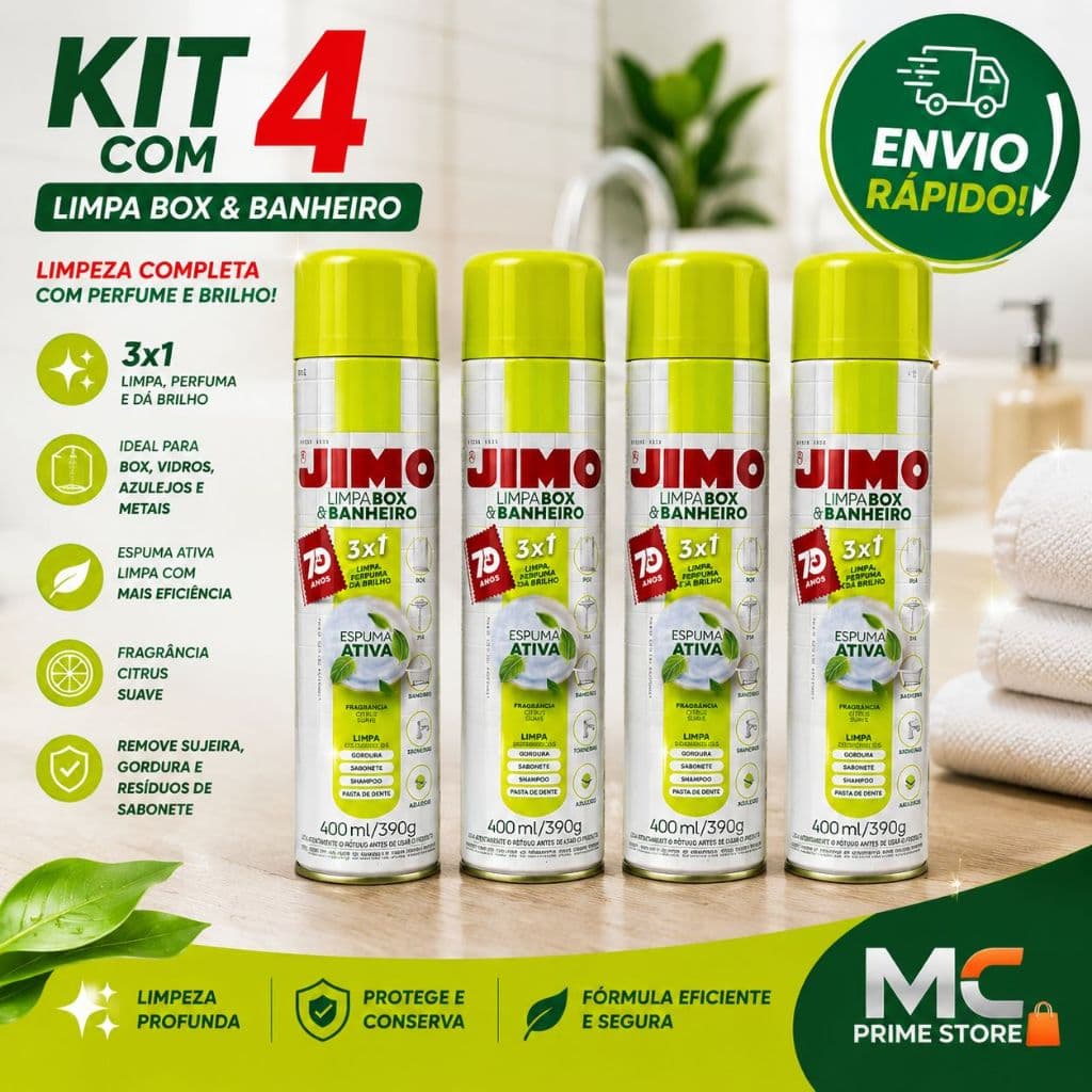 Kit 4 Jimo Limpa Box e Banheiro Spray 400ml Antimofo Desengordurante Vidros Multiuso Limpeza Profunda Pesada