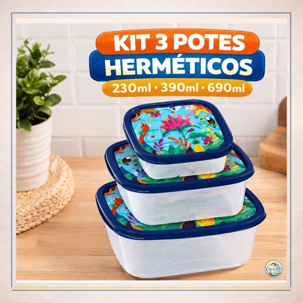 Potes Herméticos Kit 3 Quadrados 230ml 390ml 690ml Marmita Freezer Geladeira BPA