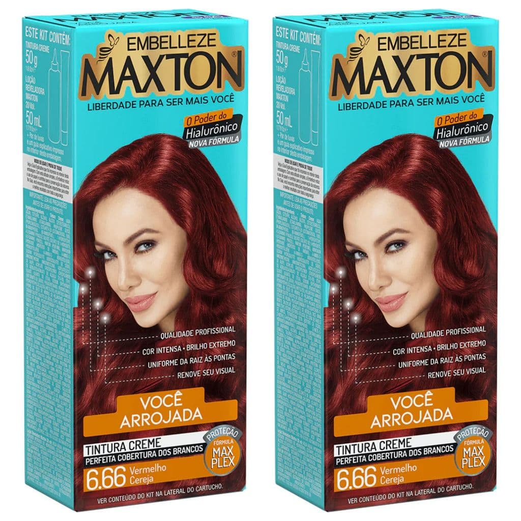 Kit 2 Tintura Maxton 6.66 Vermelho Cereja Embelleze Tinta de Cabelo com Ácido Hialurônico