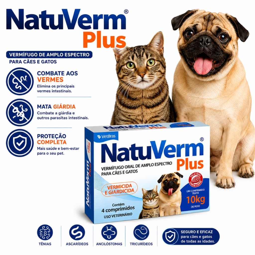 Vermifugo NatuVerm Plus 10kg Cães Gatos Mata Giardia Cx com 4 Comprimidos