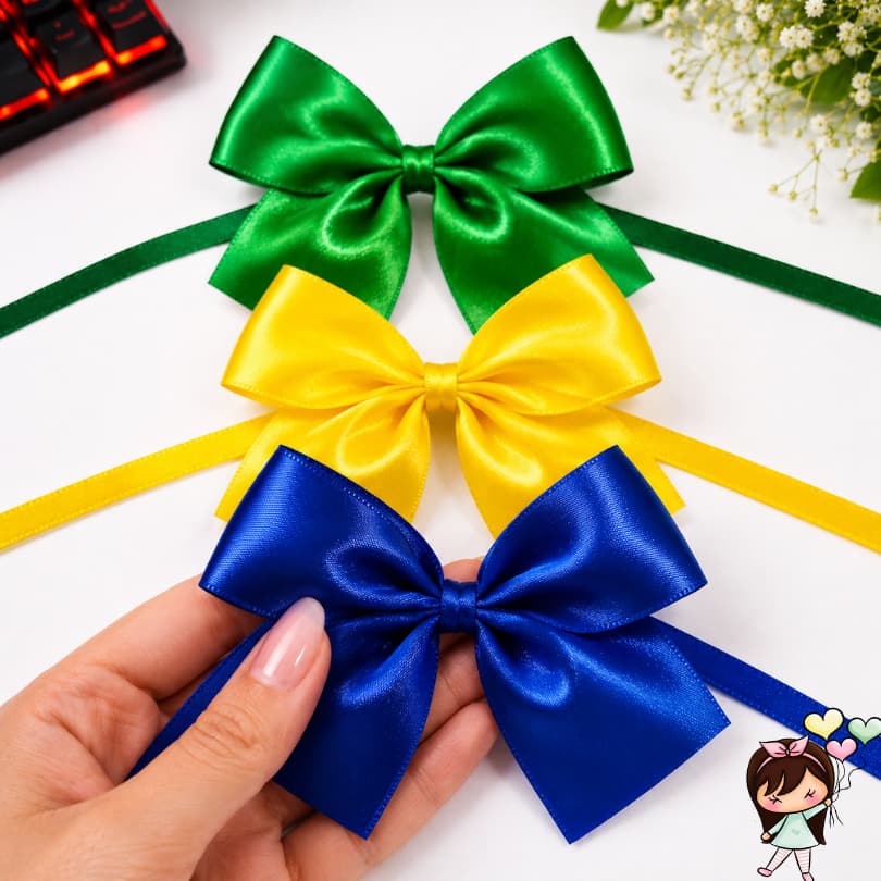 Kit Laços de Cetim Nº9 38MM com Fitilho | Prontos para Amarrar | Verde, Amarelo e Azul