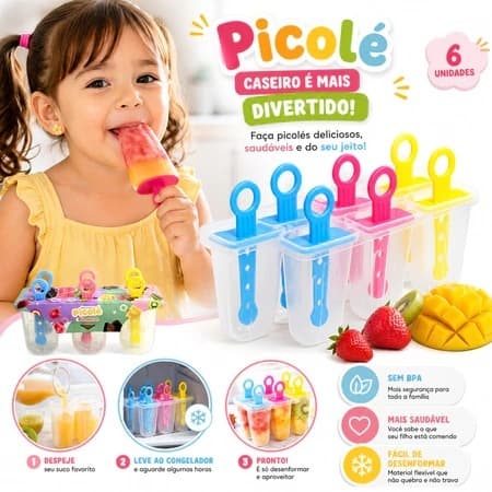 Forma De Picolé Plasduran 6 Unidades Com Tampa Sem BPA Reutilizável Fácil Desenformar Azul Rosa Amarelo Sorvete Caseiro