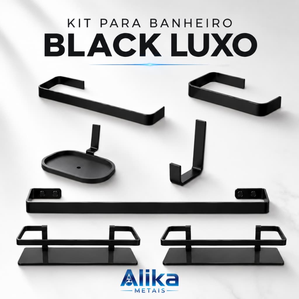 Kit 7 Acessórios Quadra Preto Luxo Completo + 2 Porta Shampo Reto Para Banheiro E Lavabo