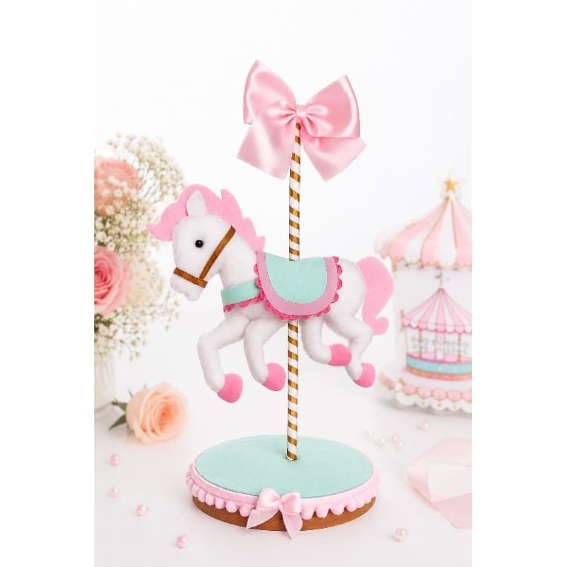 Centro de Mesa Carrossel Encantado Festa Infantil Rosa em Feltro Decoração Aniversário Luxo