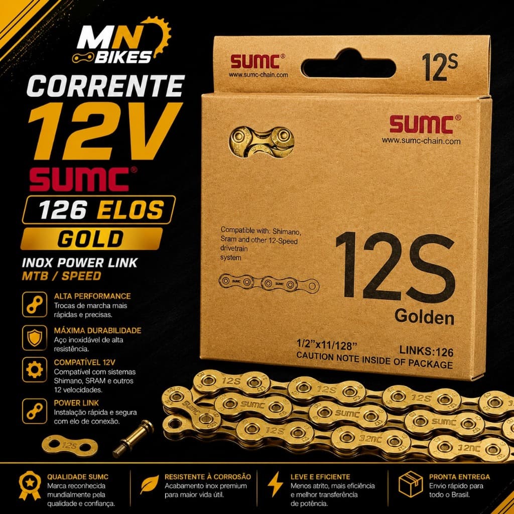 Corrente Bike 12V SUMC 126 Elos Inox Power Link Gold MTB Speed