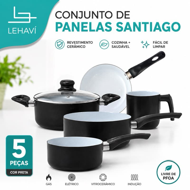 Jogo de Panelas Antiaderente Santiago com Revestimento de Cerâmica Conjunto de Panelas 5 Peças