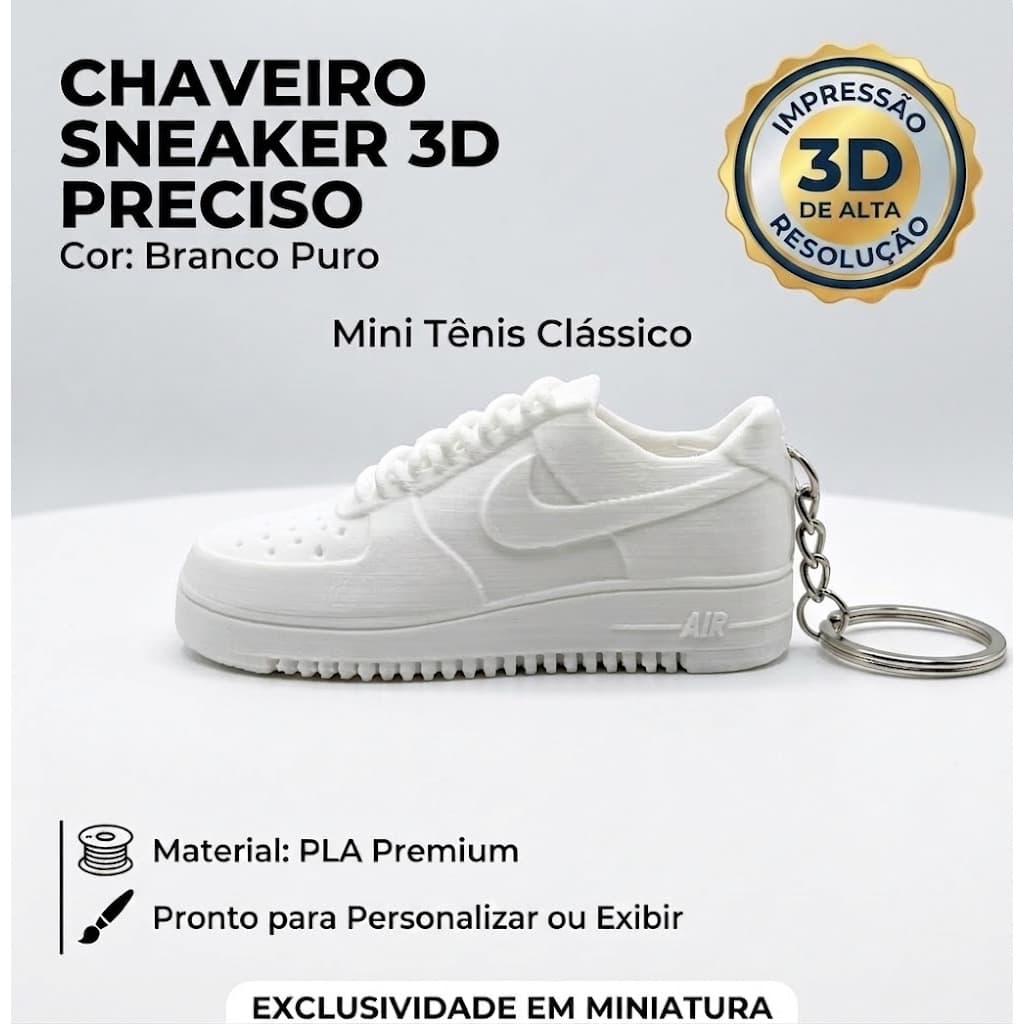 Chaveiro Mini Tênis Sneaker Impressão 3D Estilo Clássico Air Branco - Exclusivo
