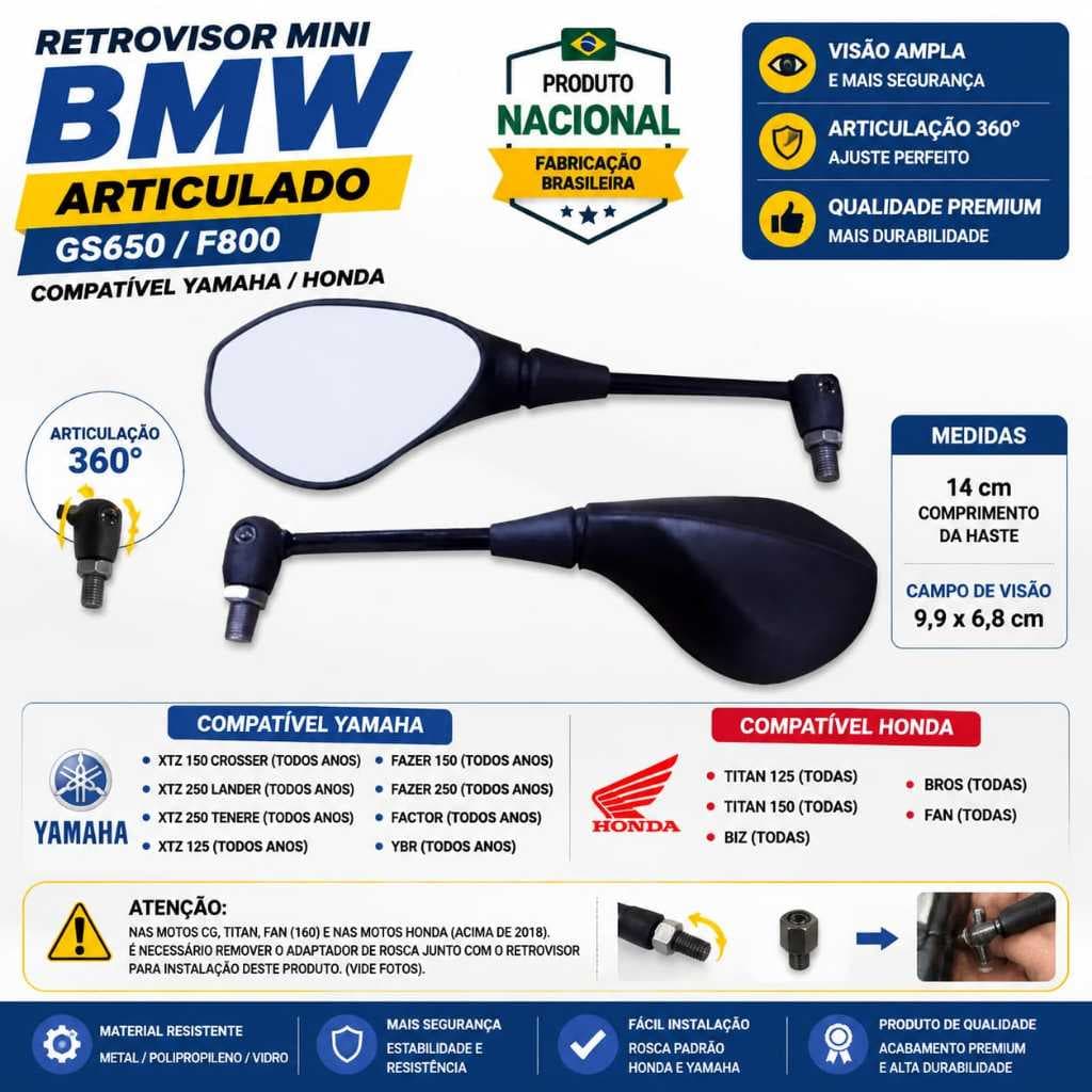 Retrovisor Articulado Motos Honda e Yamaha Mini Bmw Gs650/F800 Fazer Titan Bross Ybr Factor Cg