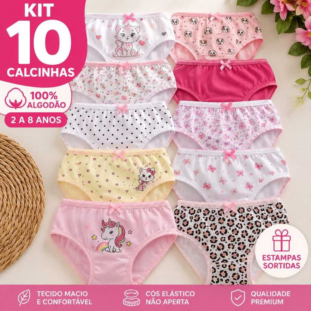 KIT 10 CALCINHAS INFANTIL MENINA ALGODÃO- MENINA 2 a 8 ANOS ESTAMPAS SORTIDAS