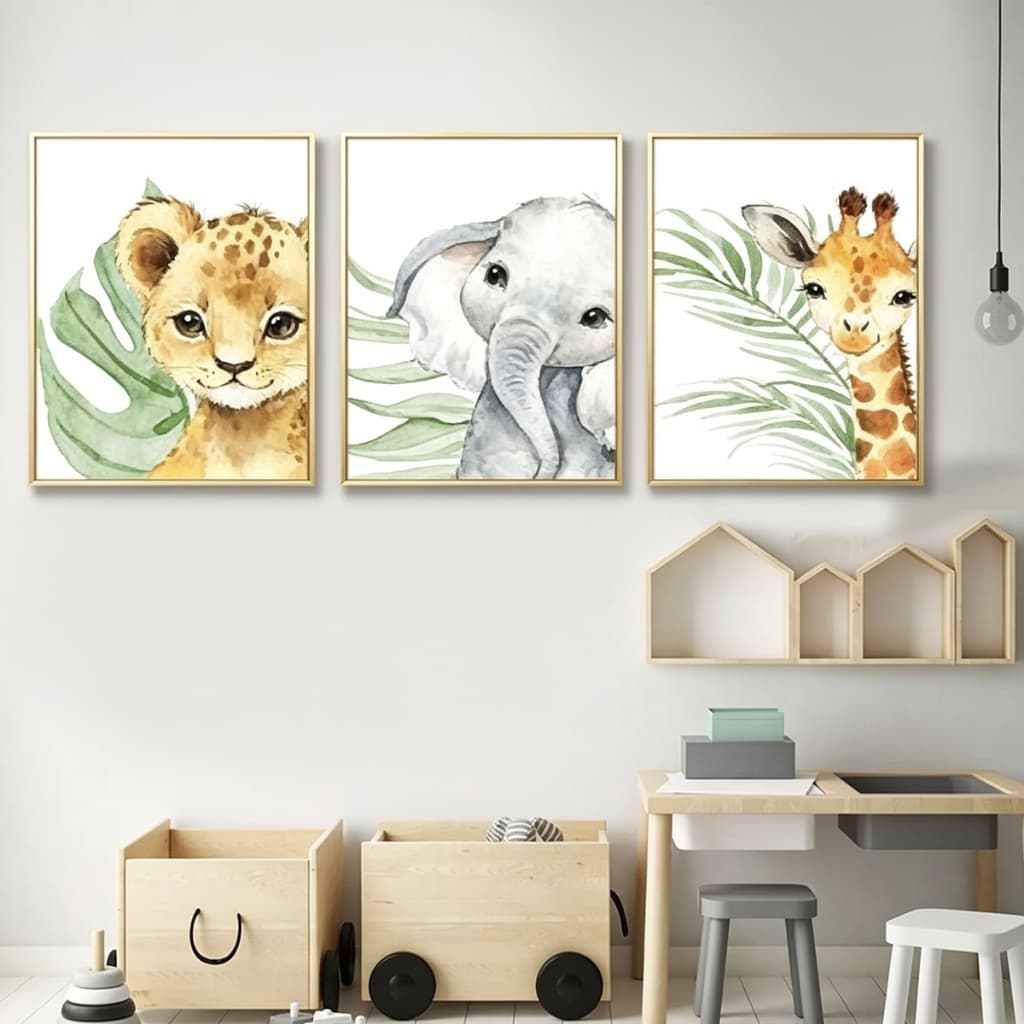 Quadro Decorativo Infantil Quarto Animais Safari Nome Personalizado Leão Elefante Girafa 3p 20x30