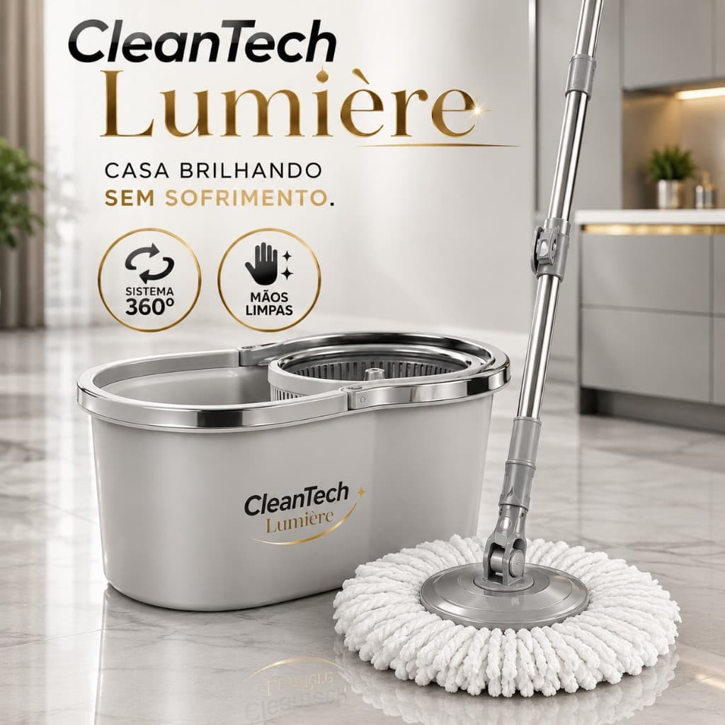 Mop Giratório 360 CleanTech Lumière Com Balde Duplo 8L Limpeza Rápida Microfibra Resistente