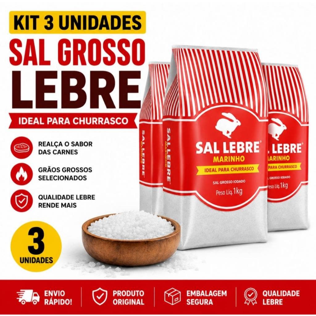 Sal Grosso lebre para churrasco kit com 3 unidades de 1kg cada Envio Imedaito