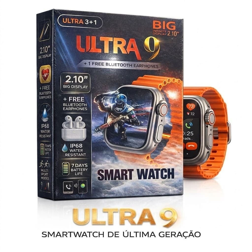 Smartwatch Relogio Inteligente Ultra 9 Combo Com Fone Bluetooth TWS Kit Completo Esportivo Monitoramento Treino Corrida