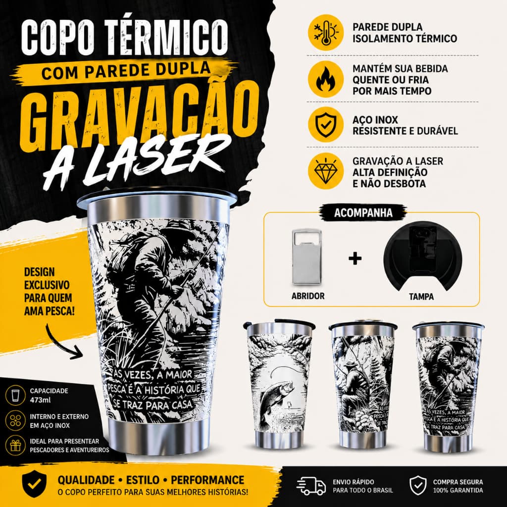 Copo Térmico 360º graus Personalizado a Laser Tema: PEIXE PESCARIA 473ML , long neck  6em1, CANECA DE CHOPP 709ML
