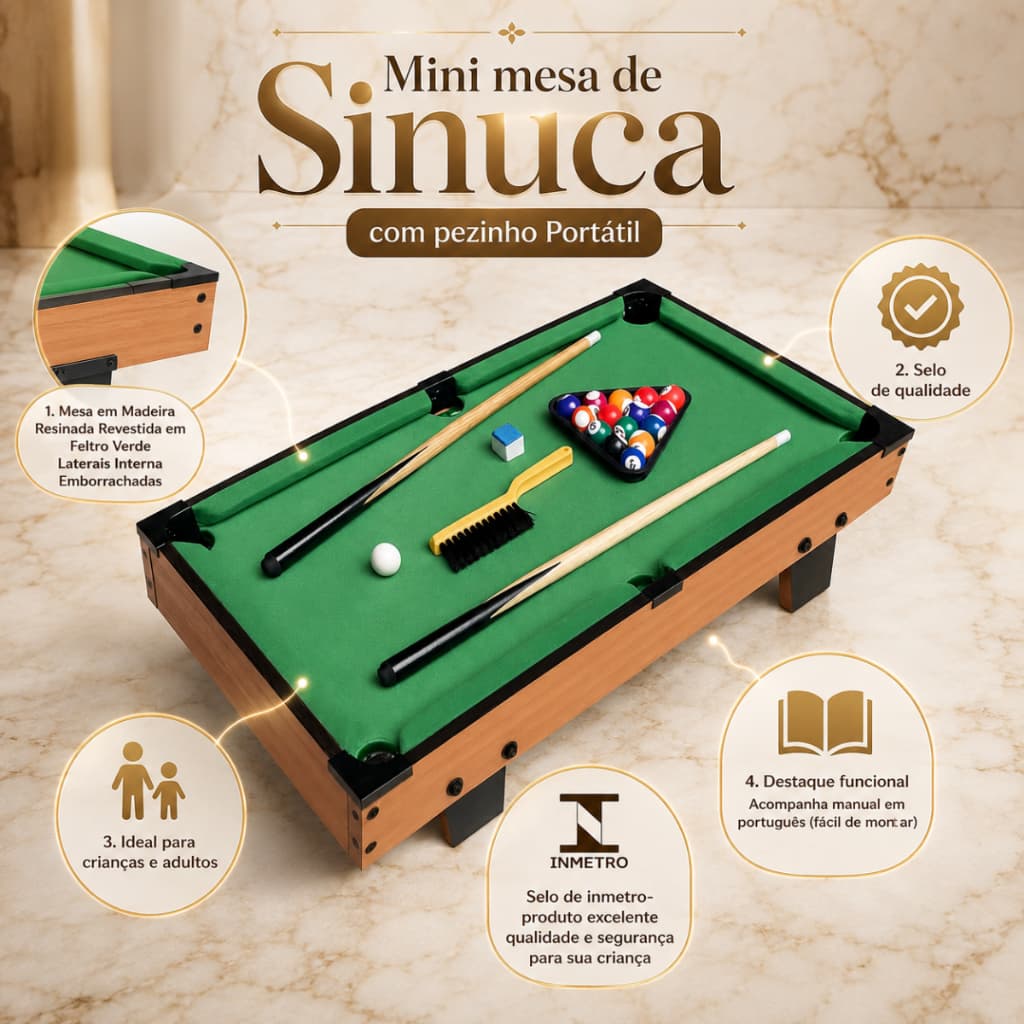 Bilhar mini Mesa De Sinuca profissional 64 cm Com Tacos Bolas E Pezinho redinha