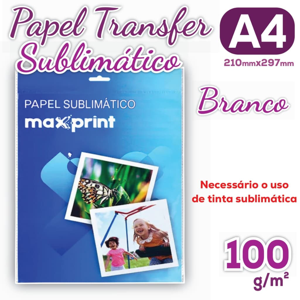 Transfer Sublimático A4 100g - Pacote com 50/100 folhas Branco 210x297mm MaxPrint
