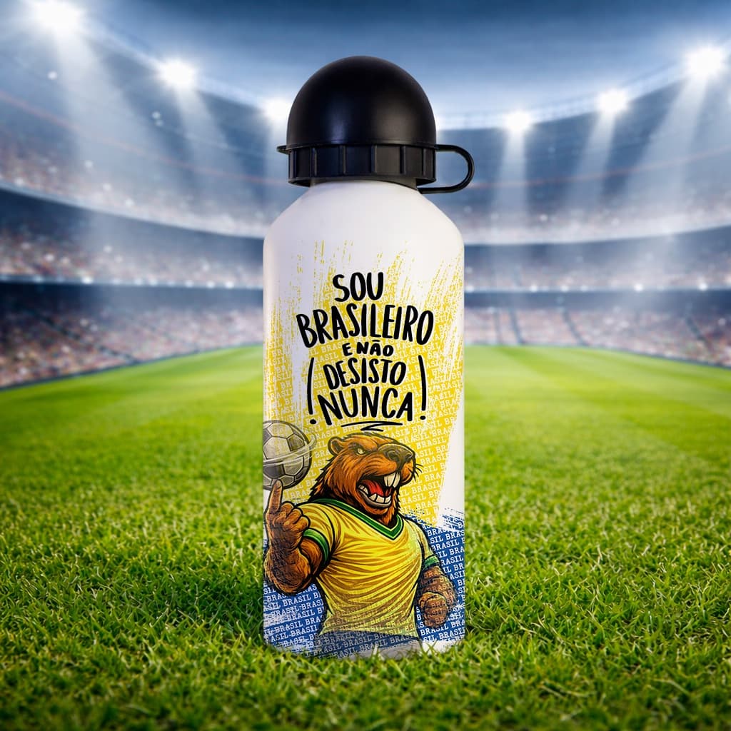 Squeeze 500ml Personalizada Sou Brasileiro e Não Desisto Nunca Garrafa Futebol Seleção Copa do Mundo
