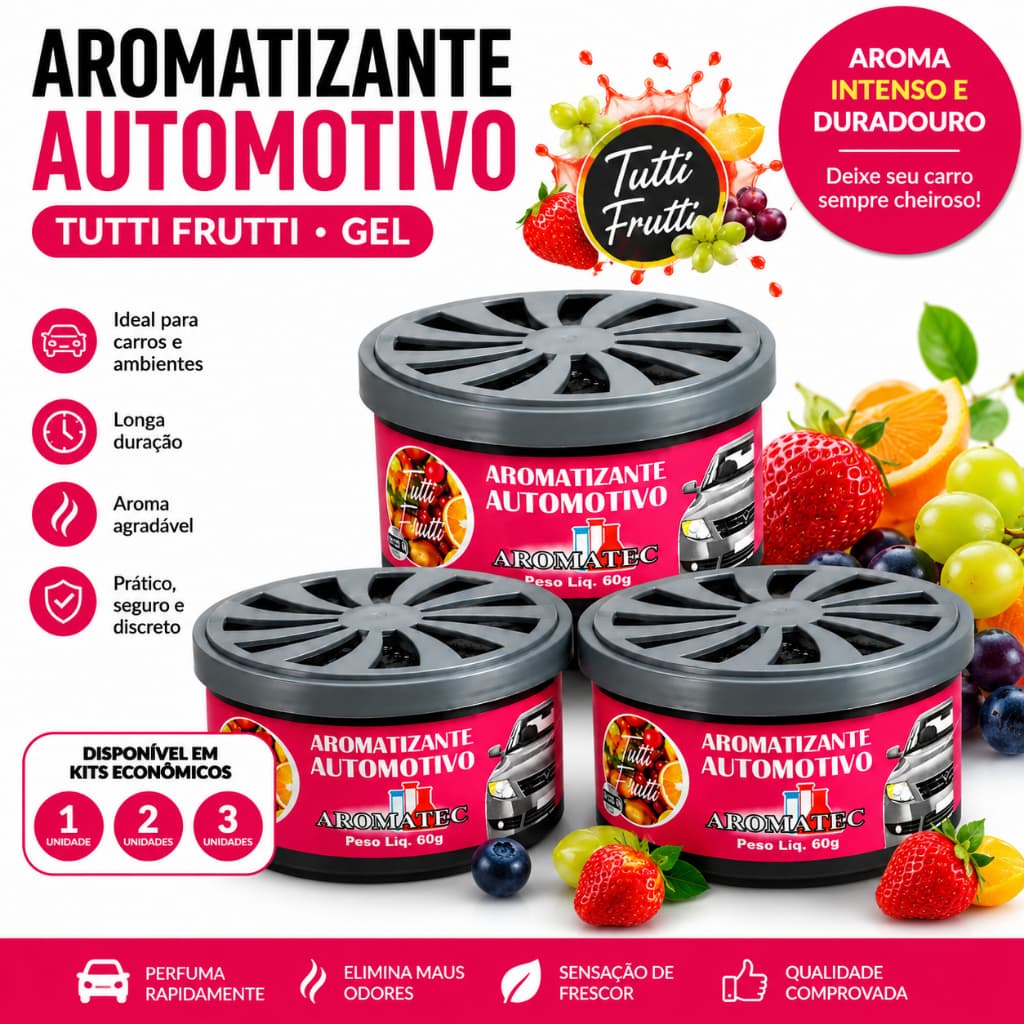 Aromatizante Automotivo Gel Tutti Frutti Carro Cheirinho 60g Aromatec Kit 1 2 ou 3 Unidades