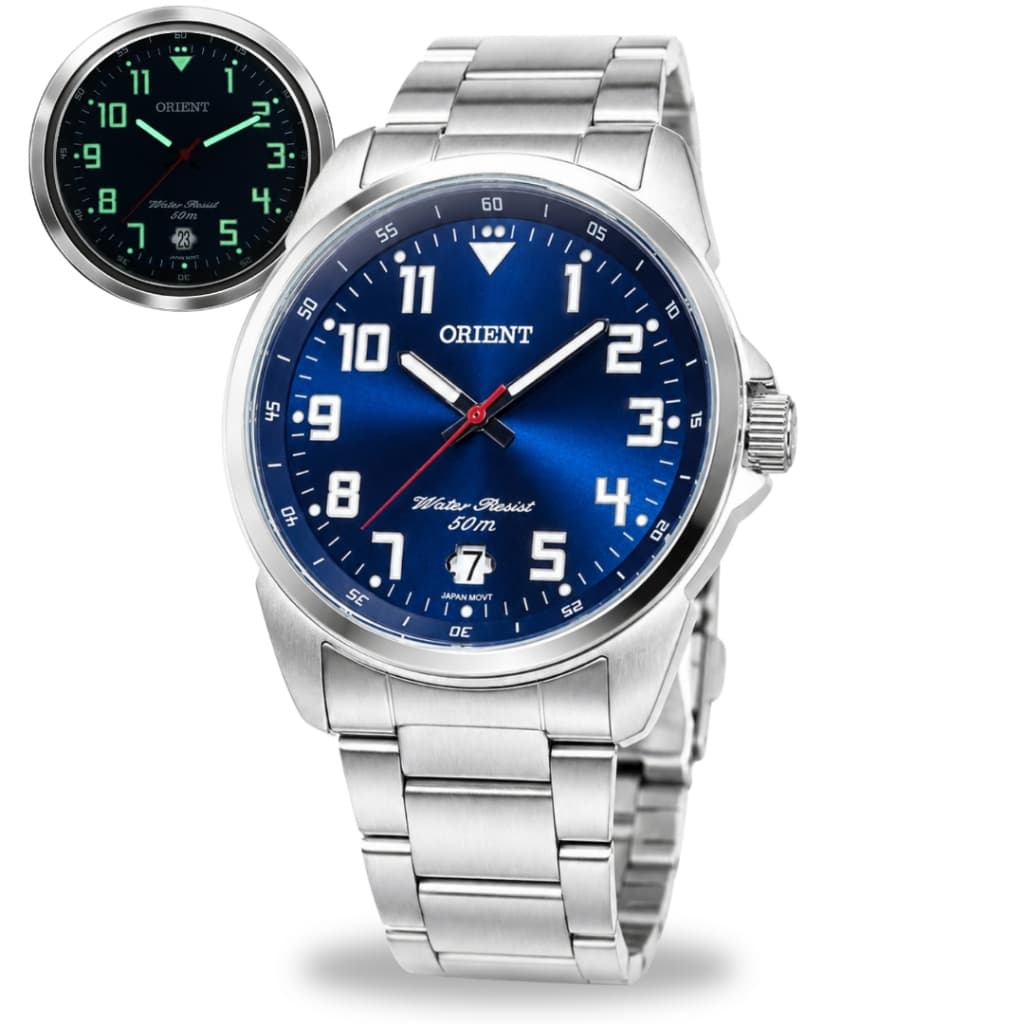 Relógio Orient Masculino De Pulso Prateado Fundo Azul Em Aço Inoxidável Calendário Prova D'agua 50 Metros Original