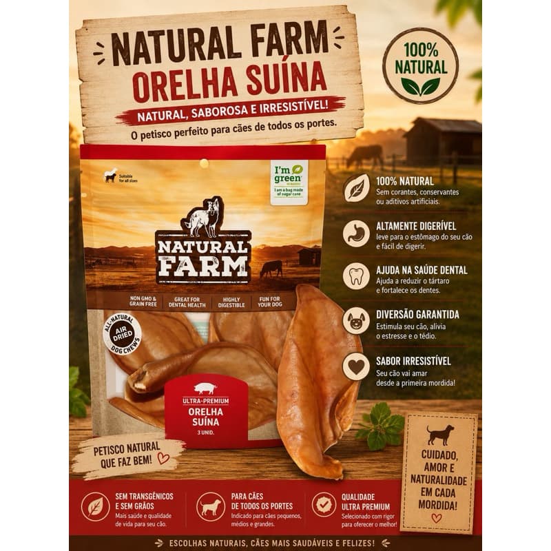 Orelha Suína com 3 Unidades para Cães Natural Farm Petisco pet