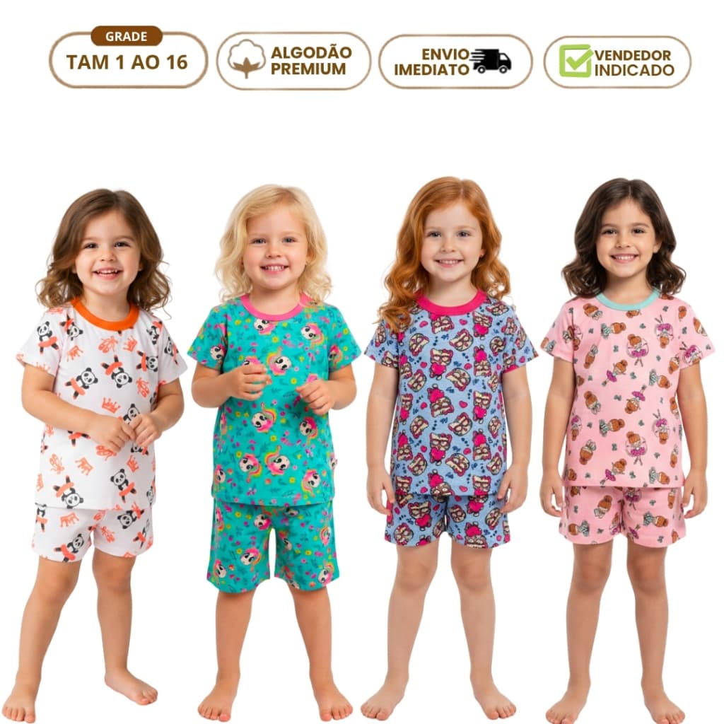 Kit 4 Peças Pijama Feminino infantil Menina Verão Roupa de Dormir Infantil 2 Camiseta e 2 Short Algodão 1 ao 16 anos