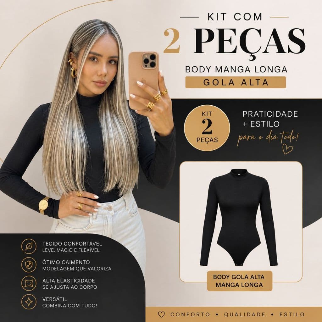 2 Body Feminino Suplex Manga Longa Gola Alta Chacharrel Segunda Pele Moda Inverno Frio Casual