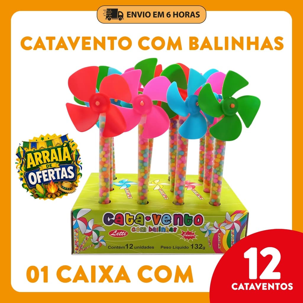 Kit 12 Cataventos com Bala Frutitos Letti Lembrancinha, Prenda Festa Junina, Revenda, Brinde