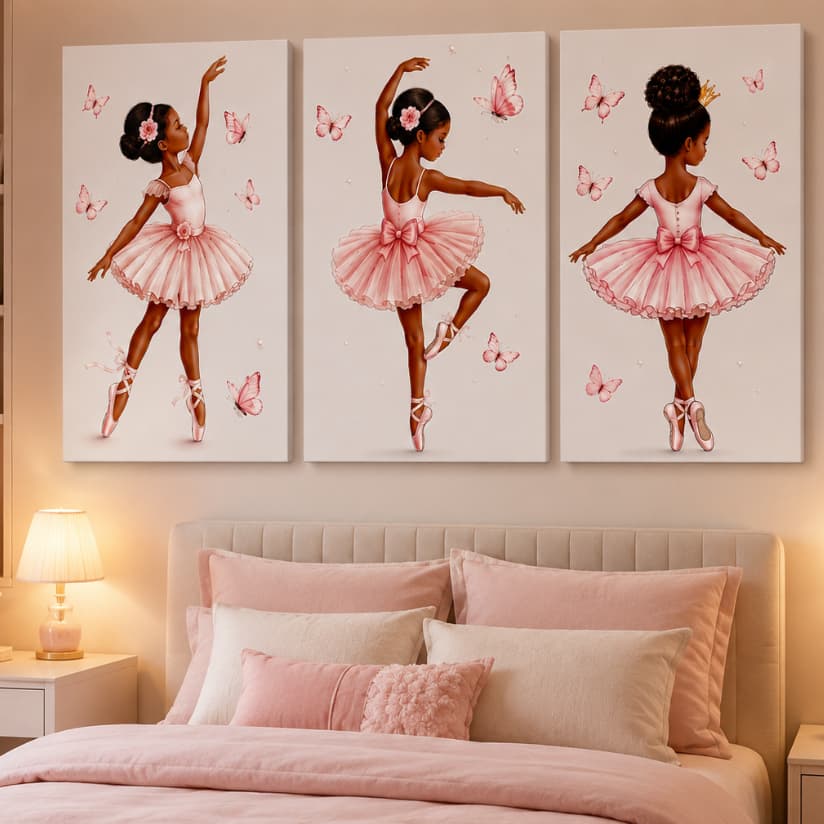 Kit Quadros Bailarina Delicada Rosa para Quarto Infantil Feminino Decoração Moderna