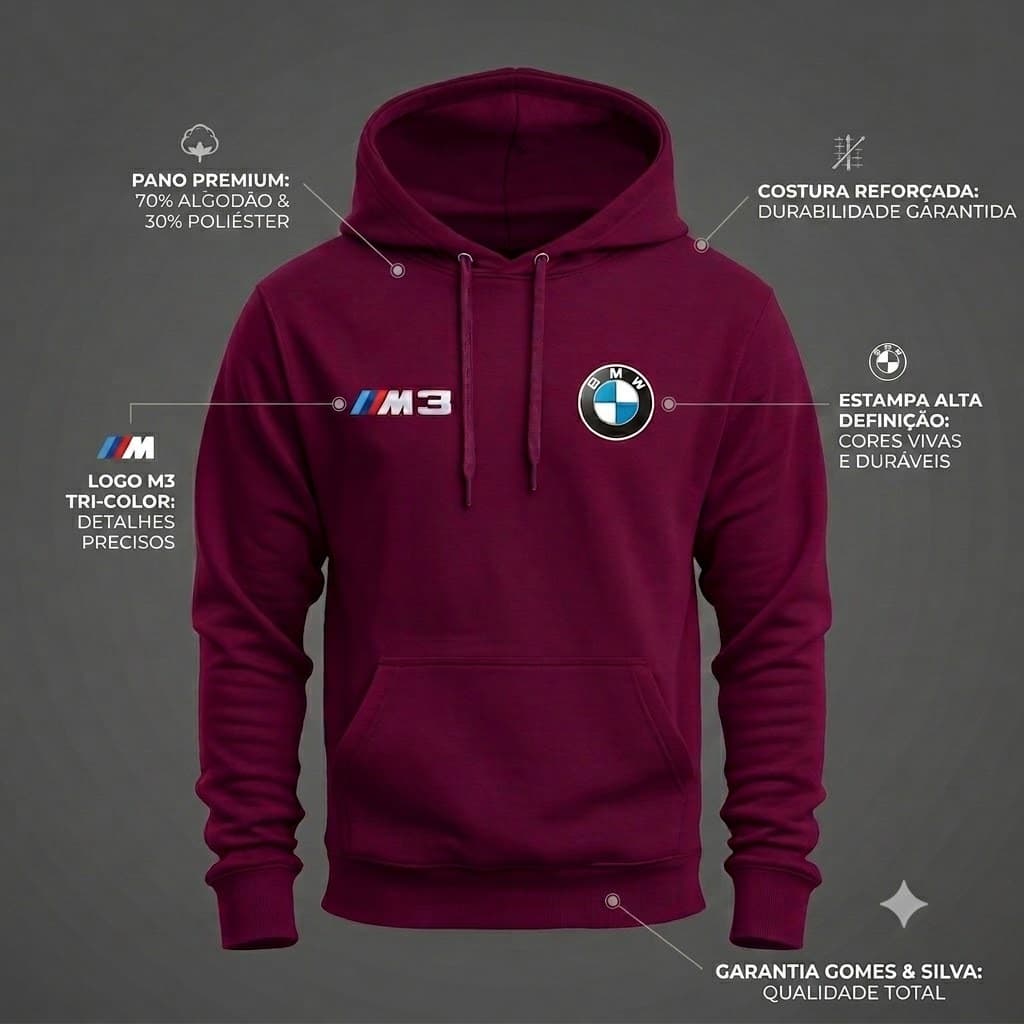 Moletom Qualidade BMW M3 Competition Blusa de Frio Canguru Premium Algodão Corrida Carro Esportivo