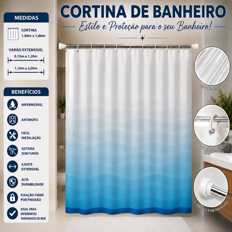 Kit Completo Cortina Box com Varão Sem Furos Prático e Resistente