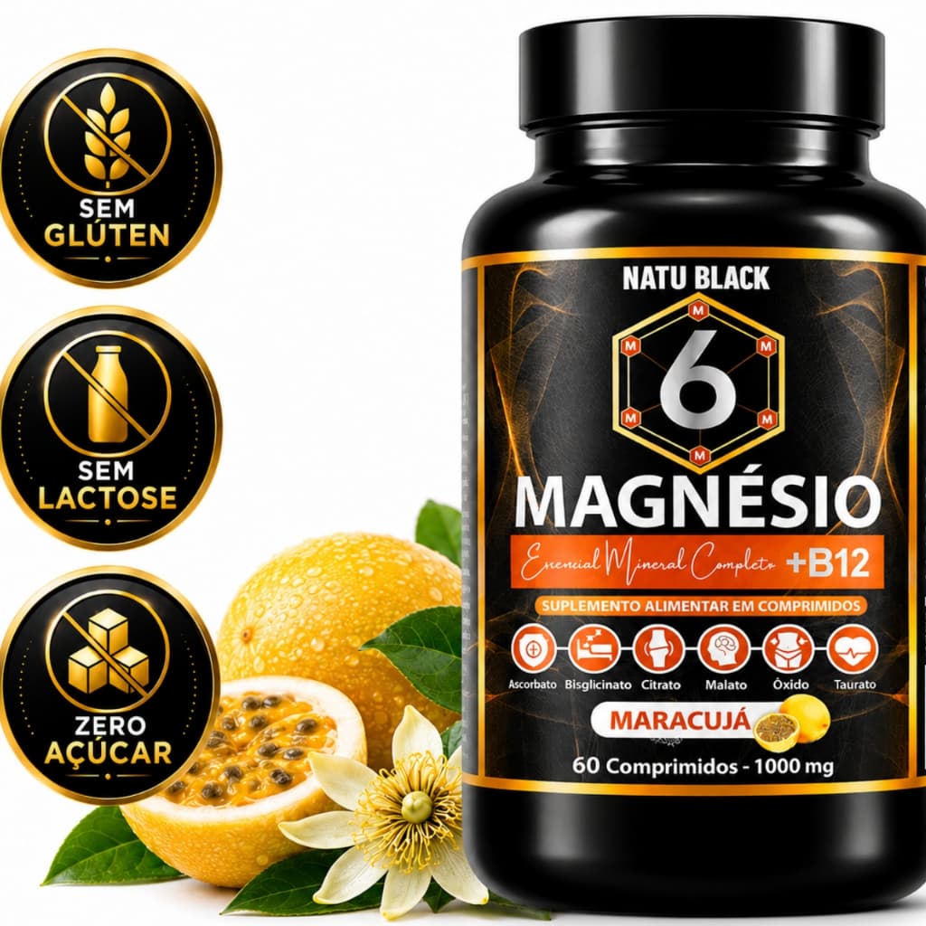 MAGNÉSIO 6 TIPOS + B12 MELTICOBALAMINA Sabor Maracujá 60 Comprimidos  POTE PARA 60 DIAS USO