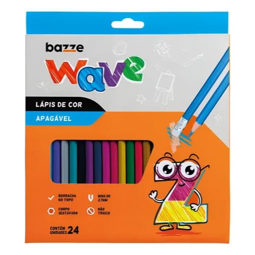 Lápis de Cor Apagável 24 Cores Bazze Wave com Borracha | Escolar Desenho Artístico Infantil
