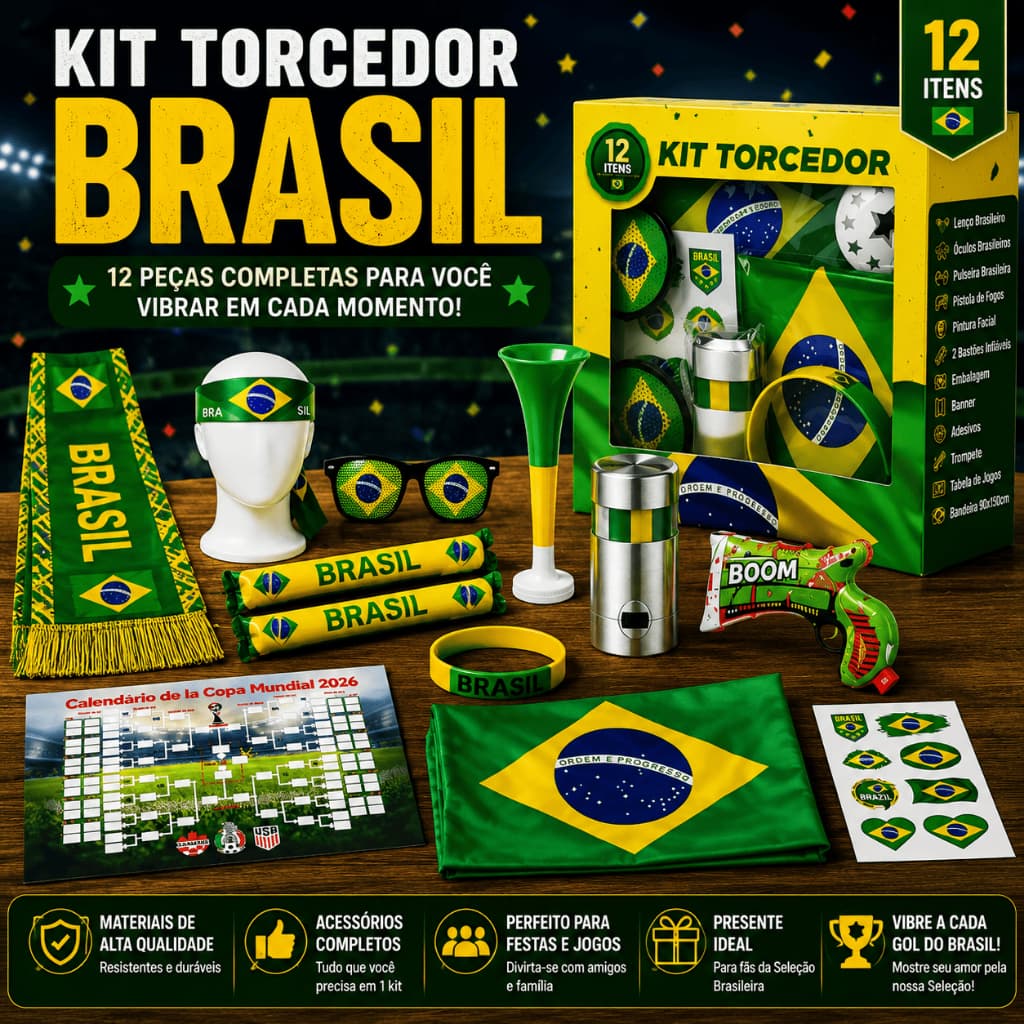Kit 12pç Torcedor Brasil Copa 2026 Acessórios Festa Futebol Bandeira Faixa Confete Corneta Oculos