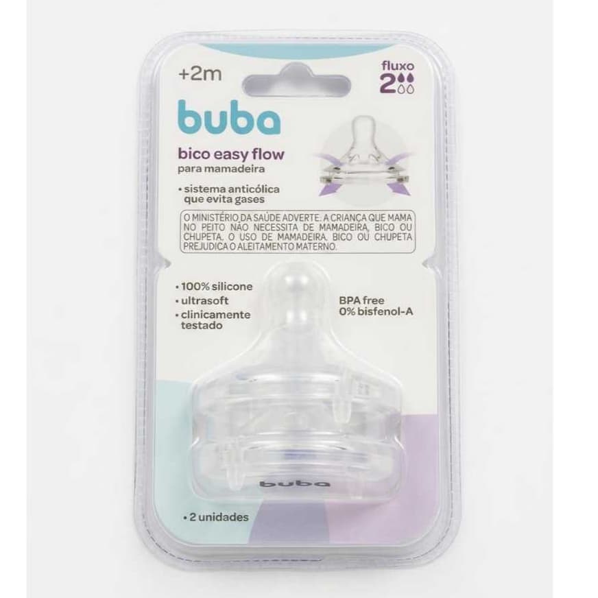 Bico de Mamadeira Buba 2 unidades Easy Flow, silicone ultrasoft, anticolica, diversos tamanhos, imita o seio da mãe
