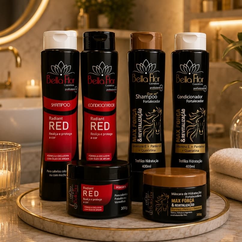 2 Kits Capilares RED e Força 6 Produtos Shampoo Condicionador Máscara Bella Flor Ruivos Brilho Profissional