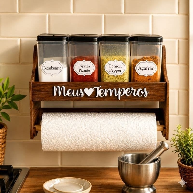Porta Temperos Parede com Suporte para Papel Toalha MDF Pintado com 4 Porta Condimentos + Adesivos