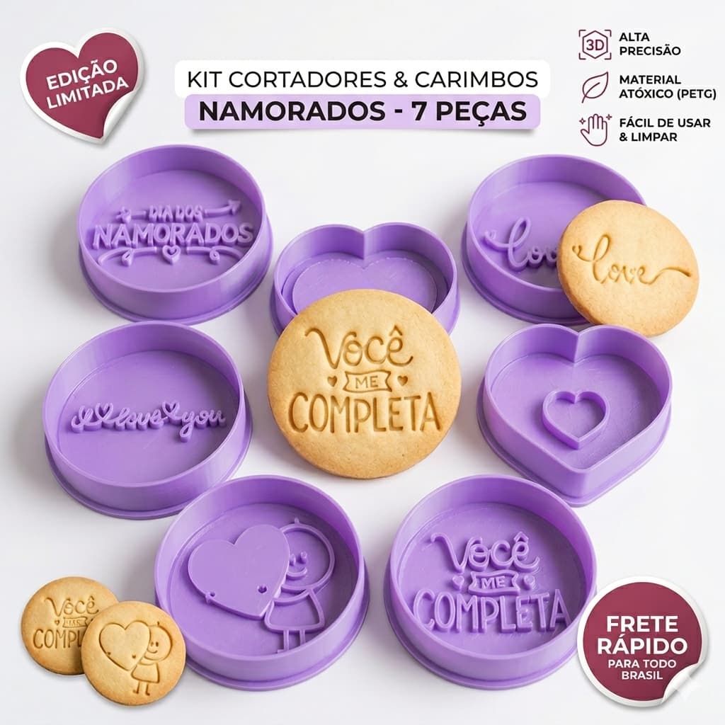 Kit 7 Cortadores + Carimbos De Biscoito E Pasta Americana Dia Dos Namorados - Presente Criativo