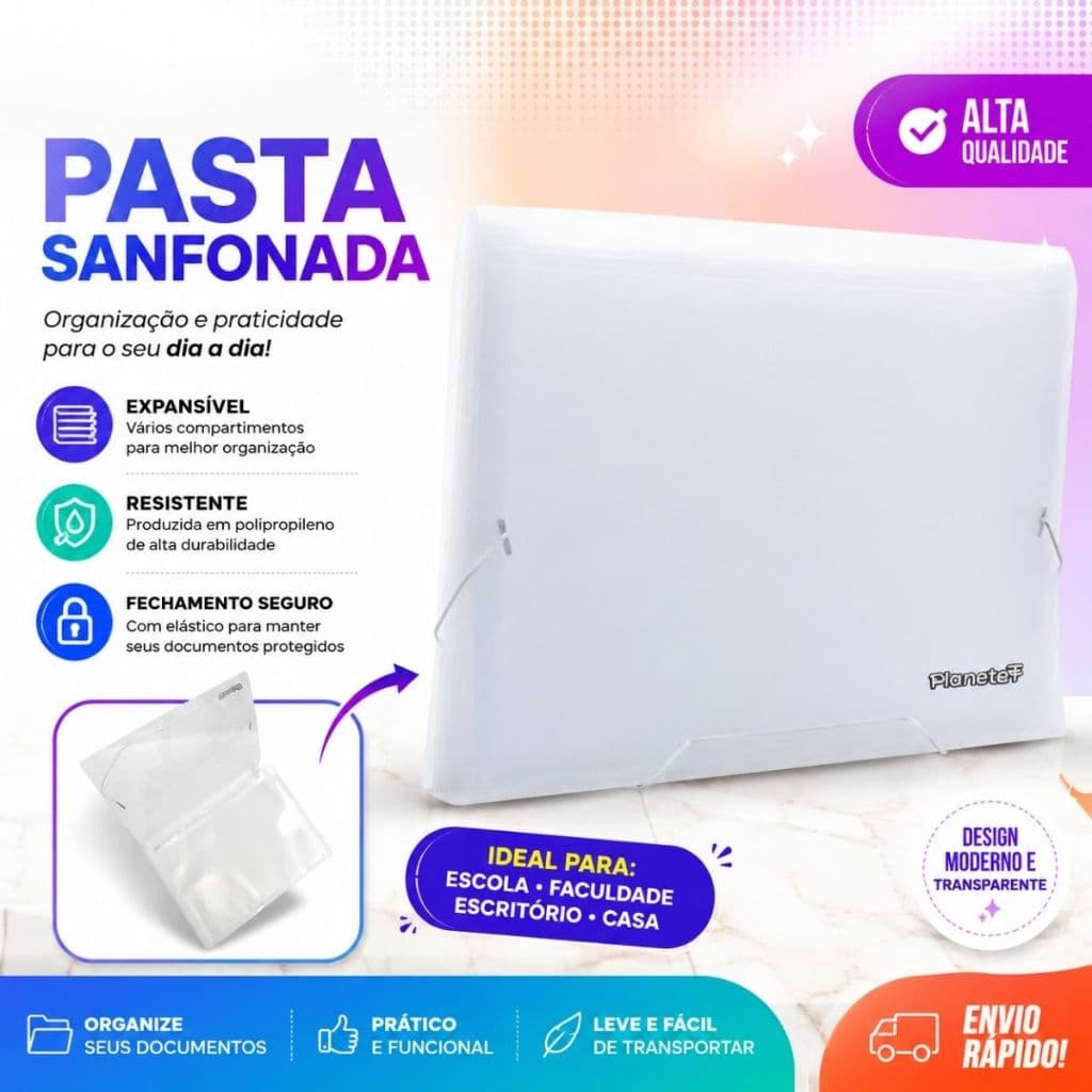 Pasta Sanfonada A4 12 Divisórias Cristal Escritório Organizadora De Documentos Papéis A4 Ofício