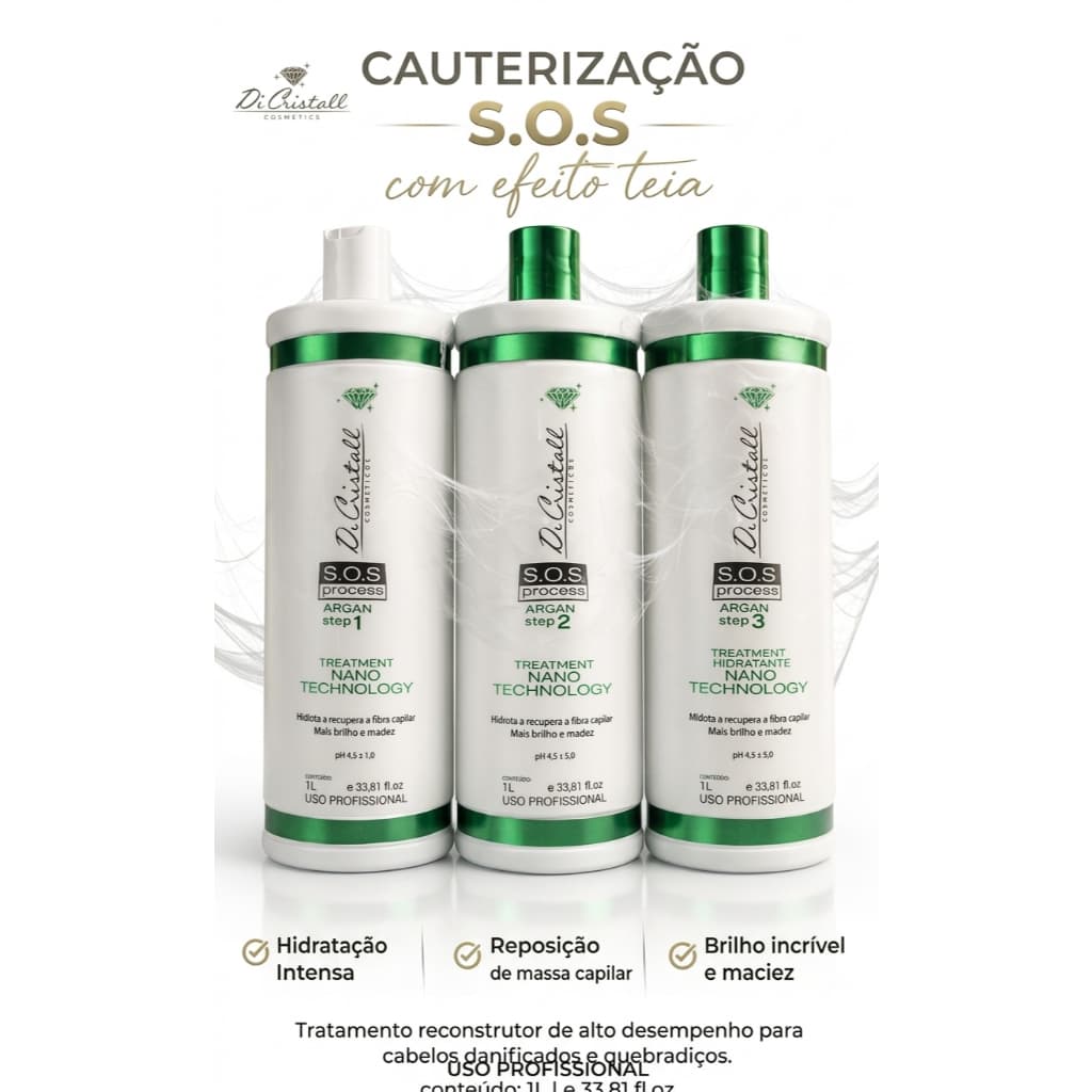 Kit Cauterização Capilar S.O.S Di Cristall Efeito Teia 3 Passos 1L Profissional Reconstrução Cabelos Quebradiços